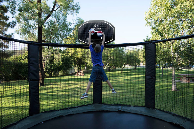 Load image into Gallery viewer, AlleyOOP ProFlex Basketball Hoop Set For Trampolines In Action 2 Marin Backyards
