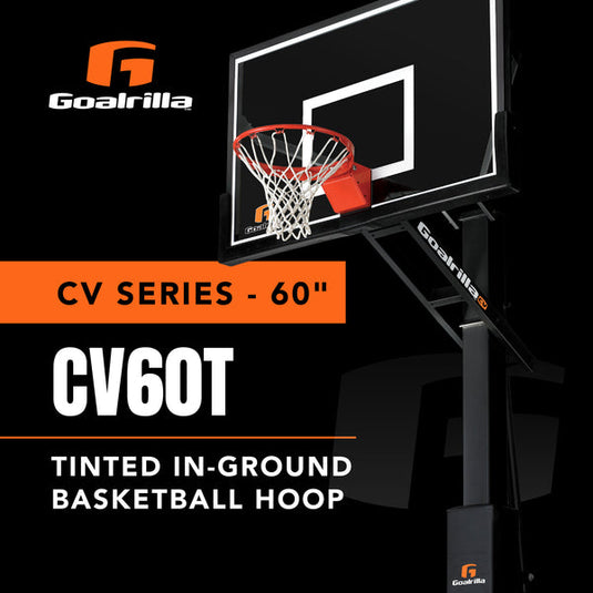 Goalrilla CV60T tinted in-ground basketball hoop with brand logo on a black background
