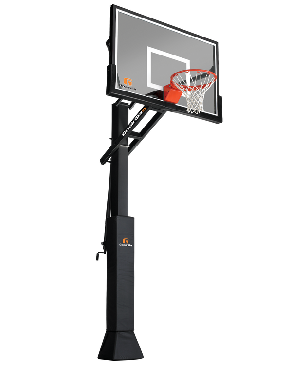 Load image into Gallery viewer, Basketball hoop with a black stand and clear backboard on a white background
