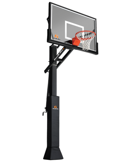 Basketball hoop with a black stand and clear backboard on a white background