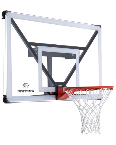 Basketball hoop with clear backboard and red rim on a white background