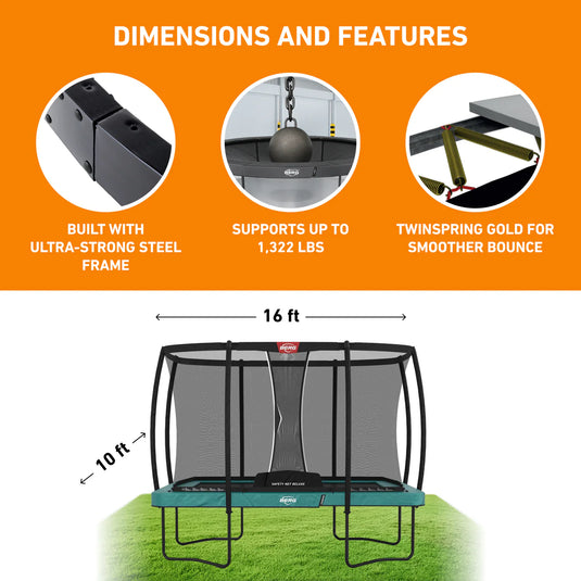 BERG Ultim Champion 10'x16' Rectangular Above Ground Trampoline + Safety Net DLX XL